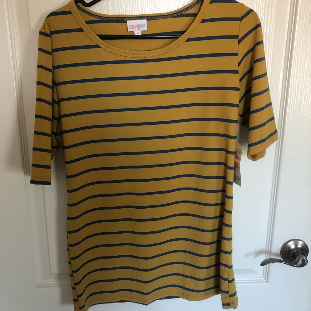 New Lularoe yellow and blue striped tee